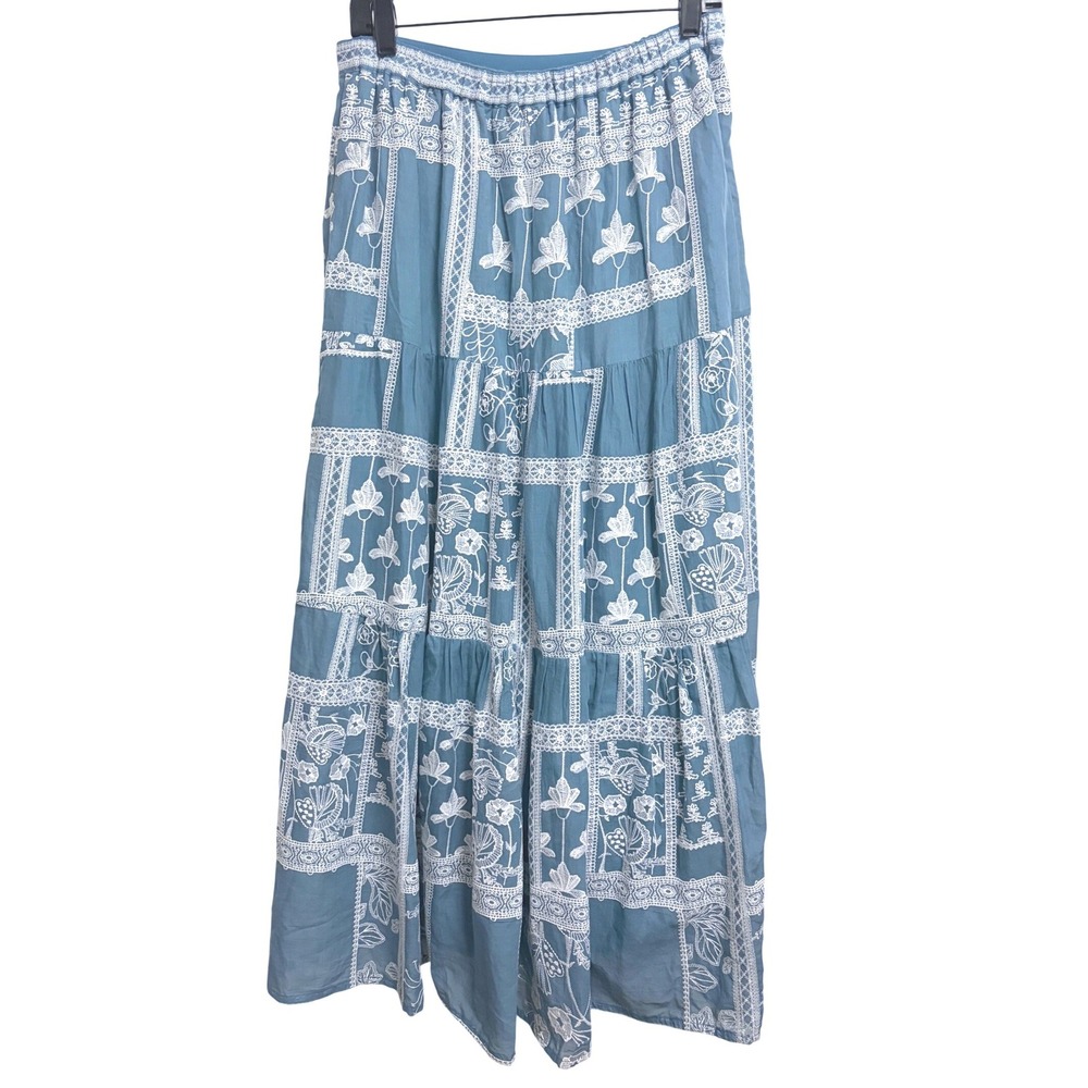 Maeve Anthropologie Ariadne Blue Embroidered Maxi Skirt  Chambray Tiered Medium - Picture 5 of 16